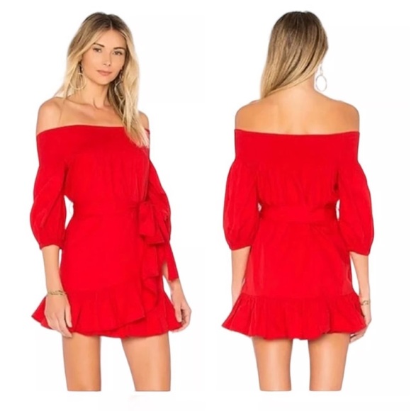 Tularosa Dresses & Skirts - Tularosa Maida Ruffle Dress Color Red Poppy Off-Shoulder with Belt Tie Size XS